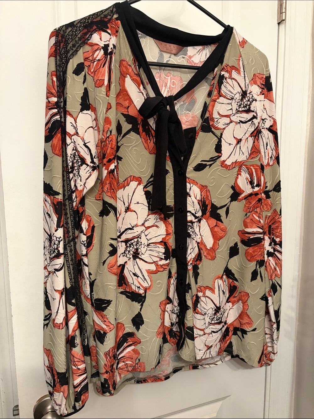 Armani Exchange Floral Tie-Neck Blouse in Olive, Coral, Black